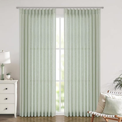 Vision Home Light Green Pinch Pleated Semi Sheer Curtains Textured Linen Blended Light Filtering Window Curtains 84 inch for Living Room Bedroom Patio Pinch Pleat Drapes with Hooks 1 Panel 60" Wx84 L