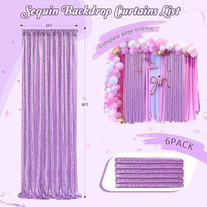 Backdrop Curtains Light Purple Sequin Photo Background Drapes 6 Pieces 2ftx8ft Glitter Lavender Fabric Wedding Party Decor