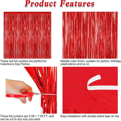 8 Pack Red Backdrop, 3.28 FT x 7.05 FT Streamer Party Decorations, Metallic Foil Fringe Curtains Party Streamer Photo Booth Backdrop, Red Tinsel Canival Theme Party Decor for Engagement Birthday
