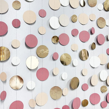 Champagne Gold Dusty Pink Decorations Circle Dots Garland Gold Pink Nude Neutral Cream White Boho Hanging Polka Dot Streamer for Bridal Shower Birthday Wedding Engagement Baby Shower Party Supplies