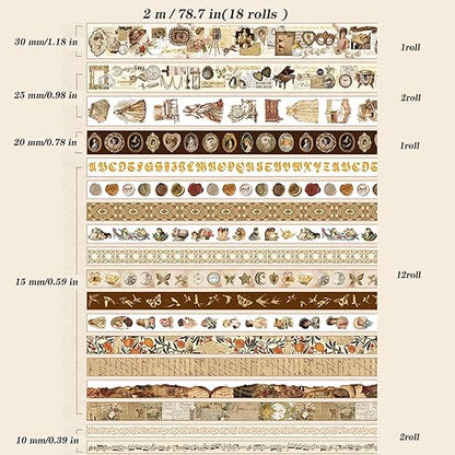 18 Rolls Vintage Victorian Washi Tape Set Journal Tape for Crafts and Journaling DIY Scrapbooking Supplies washi Tape for Scrapbooking Decorative Tape