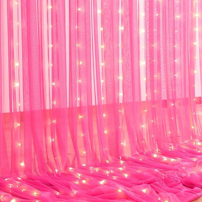 Hot Pink Tulle Backdrop Curtain with Lights String for Parties 30x8ft Fuchsia Sheer Backdrop Curtains for Weddings Birthday Party Baby Shower Photo Shoot Background Decorations(6 Panels 5ft×8ft)