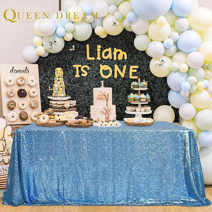 QueenDream Baby Blue Sequin Tablecloth 90x132 Inch Baby Shower Tablecloth Glitter Table Cloth for Wedding Party Decor