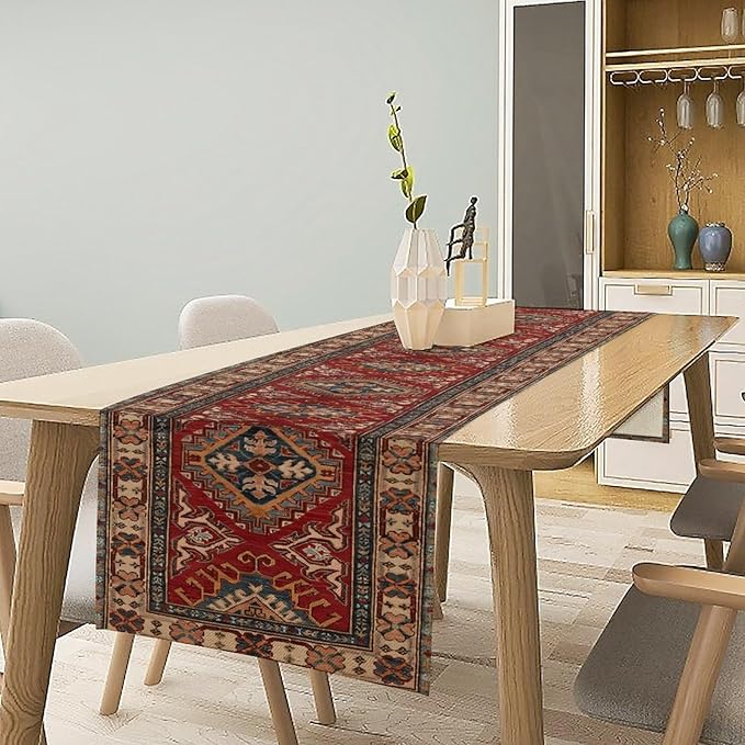 Boho Floral Vintage Table Runner, Red Grey Retro Flower Rustic Country Farmhouse Abstract Pattern for Home Kitchen Table Decor Dining Coffee Room Party Decor 13x108in