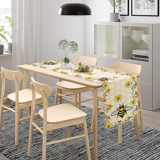 Bee Sunflower Table Runner, Farmhouse Orange Honeycomb Vintage Spring Summer Flowers Print Table Cover for Party Wedding Home Kitchen Dining Table Decor, 13x90inch