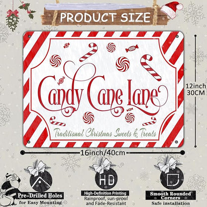 Christmas Candy Cane Lane Metal Tin Sign Traditional Christmas Sweets and Treats Winter Sign for Home Living Room Outdoor or Indoor Wall Decor Gift Christmas Candy Cane Lollipop 12x16Inch