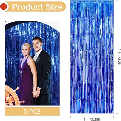 5 Pack Blue Fringe Foil Curtains 3.2ft x 8.2ft Tinsel Backdrop Streamers for Birthday Party Decoration Wedding Christmas Decoration (Navy)