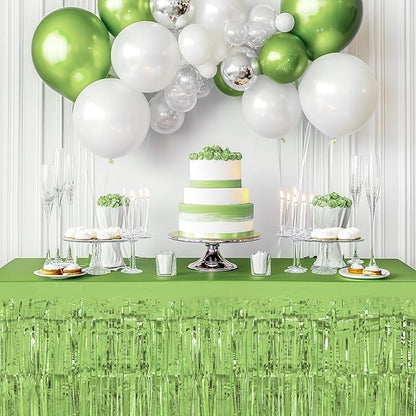8 Pack Light Green Table Skirts, 29x108" Metallic Foil Tinsel Fringe Table Skirts for Rectangle Tables Streamer Curtains Backdrop, Party Decorations for Birthdays Weddings Holidays