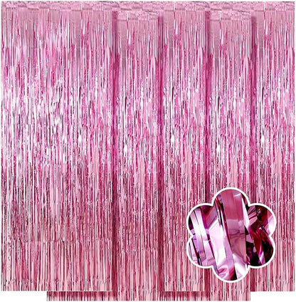 5 Pack Pink Foil Curtain Backdrop 3.2ft x 9.8ft Metallic Tinsel Foil Fringe Curtains Streamer Photo Booth Backdrop for Birthday Party Engagement Bachelorette Party Decorations (Pink)