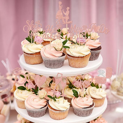 30 PCS He Asked She Said Yes Cupcake Toppers Glitter Wedding Engagement Cupcake Picks Miss to Mrs I Do Love Heart Ring Miss to Mrs Cake Decorations for Wedding Engagement Party Supplies Rose Gold