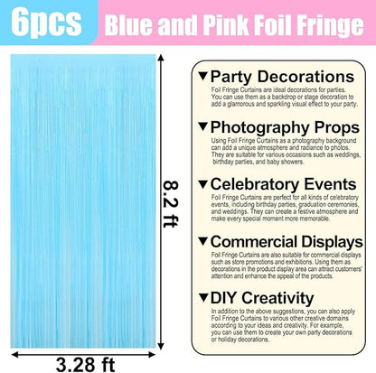 6 Pack Macaron Pink Blue Foil Fringe Curtain Backdrop, 3.28Ft x 8.2Ft Metallic Tinsel Foil Fringe Streamer Curtains for Photo Booth, Birthday, Wedding, New Year Party Decorations