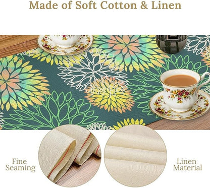 Green Dahlia Flower Table Runner, Linen Geometric Pattern Floral Table Decor Spring Farmhouse Decorations for Kitchen Dining Holiday Party Decor, 13x108 Inch