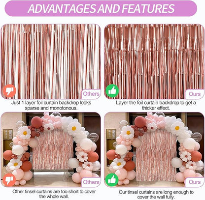 Crosize 4 Pack 3.3 x 9.9 ft Rose Gold Foil Fringe Backdrop Curtain, Streamer Backdrop Curtains, Streamers Birthday Party Decorations, Tinsel Curtain for Parties, Photo Booth Backdrops, Party Décor
