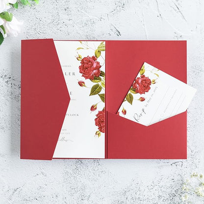 20 PCS Red Tri-fold Laser Cut Wedding Invitation Pockets for 5x7 Wedding Cards Bridal Shower Engagement Quinceanera Invitation