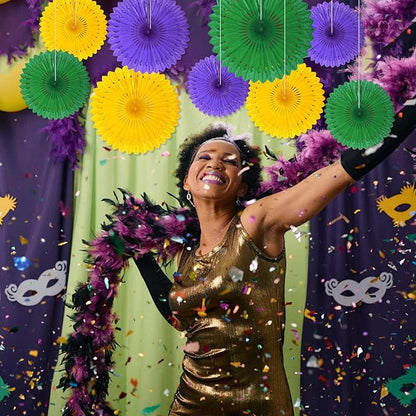 18 Pcs Mardi Gras Hanging Honeycomb Paper Fans, Round Paper Fan Decorations for Weddings, Birthdays, Bachelorette, Photo Booth Backdrops, Baby Shower, Anniversary Events Party Supplies