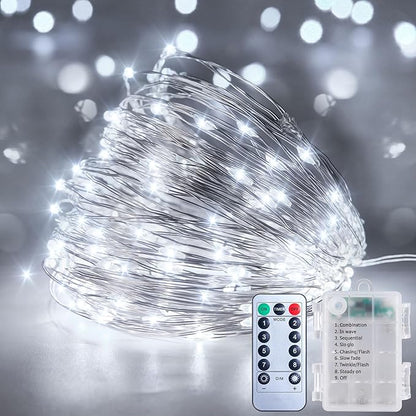 33Ft 100LED Outdoor String Lights, Pure White Fairy Lights Battery Operated with Remote, Waterproof Twinkle Lights for Bedroom Dorm Patio Tapestry Backyard Garden Party Indoor Christmas Decoration