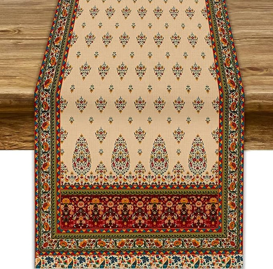 Boho Paisley Table Runner, Vintage Western Brown Dark Red Beige Flowers Leaves Print Table Runner for Kitchen Dining Table Wedding Holiday Party Decor, 13x108inch