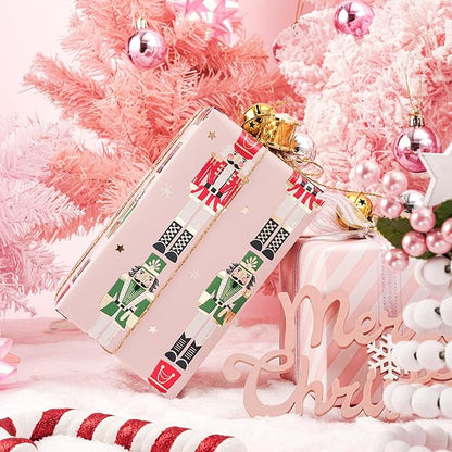 LeZakaa Christmas Pink Wrapping Paper Mini Roll for Kids, Pink Metallic Foil Gift Wrap Paper with Red & Green Nutcracker Soldier & Stripe Reversible Design, 17 inches x 32.8 Feet