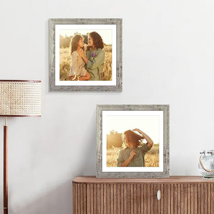 12x12 Picture Frame Set of 4 with Tempered Glass, Display 10x10 Picture with Mat or 12 x 12 Without Mat, Rustic Wood Square Photo Frame for Desktop Display and Wall Mounting