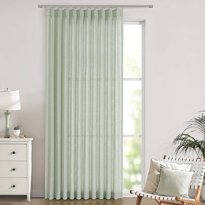 Vision Home Soft Green Pinch Pleated Semi Sheer Curtains Textured Linen Blended Light Filtering Window Curtains 102 inch for Living Room Bedroom Patio Pinch Pleat Drapes with Hooks 1 Panel 60"Wx102"L
