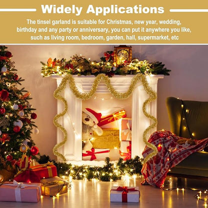 25 Feet Christmas Tinsel Garland, Metallic Twist Wall Hanging Backdrop for Parade Floats, Christmas Eve, New Year, Valentine's Day Party Decorations (Champagne Gold, 4in x 25ft)