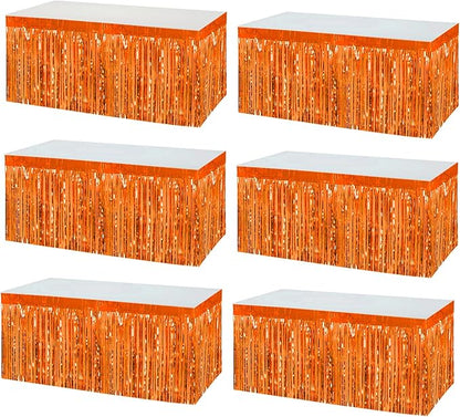 6 Pack 29x108 Inch Orange Metallic Foil Fringe Tinsel Table Skirts Banner for Rectangle Tables Streamer Garland Curtains Backdrop for Wedding, Birthday, Parade Floats, Christmas Party Decoration
