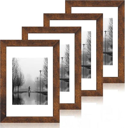 8x12 Picture Frame Set of 4 with High Definition Real Glass, Display 6x8 Pictures with Mat or 8 x 12 Without Mat, Wood Rustic Photo Frames for Tabletop and Wall Mounting