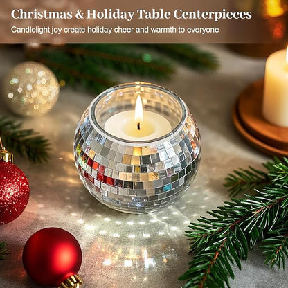 Luditek Disco Ball Candle Holders, 12 Pcs Mirror Silver Decor for Christmas Birthday Wedding NYE Party Decorations, Glass Votive with Tealights for Home Table Centerpiece, Gifts for Women