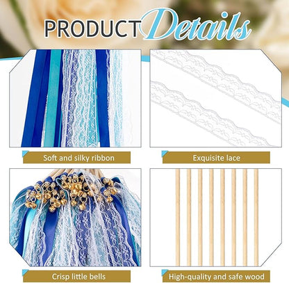 Taiyin 150 Pcs Lace Ribbon Stick Wands Wedding Wand Streamers with Bell Silk Ribbon Fairy Wand Wedding Send Off Streamer for Baby Shower Holiday Party Favors(Dark Blue,Light Blue)