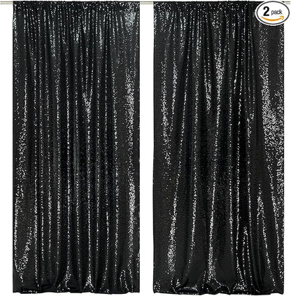 SquarePie Sequin Backdrop Curtain 8FT x 10FT Black Satin Backing Fabric Photography Background for Wedding Patry 4FT x 10FT 2 Panels