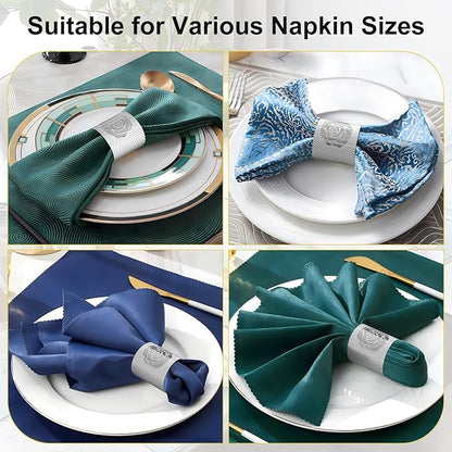Polymer Material Reusable Napkin Band, Glue-Free Tear-Proof Water Resistant Oil-Proof Napkin Bands Set of 200(Front Silver Rose and Back Silver Color), 6 Adjustable Sizes Napkin Rings