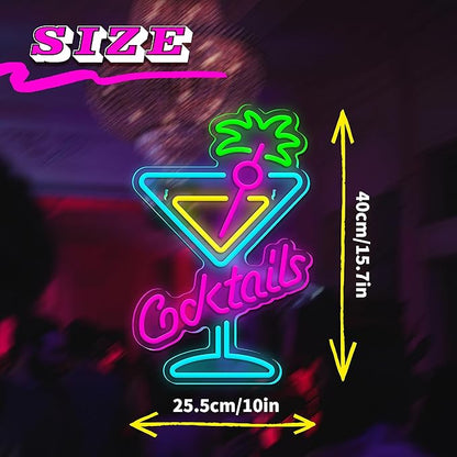 Cocktails Neon Sign Cocktail Glass LED Neon Signs Art Wall Lights for Beer Bar Decor Dimmable USB Powered Martini LED Neon Light for Party, Cocktails Bar, Pub, Night Club, Man Cave Decoration