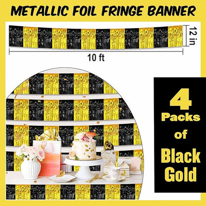 4 Pack 10 Ft Black and Gold Foil Fringe Garland Metallic Streamers Tinsel Banner Wall Hanging Garland Backdrop for Parade Floats, Halloween, Christmas, Thanksgiving, New Year Party Decorations