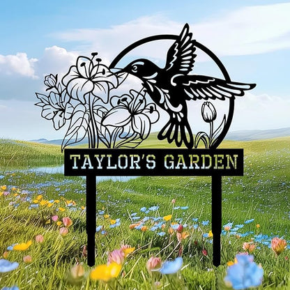 Personalized Garden Signs for Outside, Custom Metal Hummingbird Flowers Garden Decor with Stake, Custom Name Signs Outdoor Yard Patio Backyard Metal Decor Home Gifts