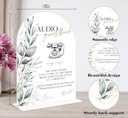 Acrylic Wedding Signs, Greenery Theme Audio Guestbook Sign, Wedding Reception Signage, Bridal Shower Table Decor with Stand, Engagement, Anniversary, Newlywed Events and Parties Supplies, 16