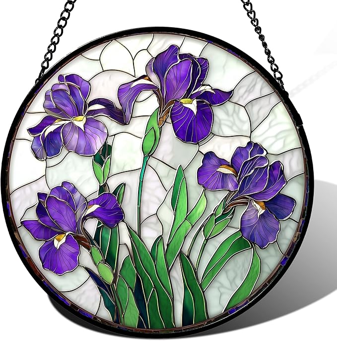Stained Glass Window Hanging - Purple Iris Flower Sun Catcher for Door Terrace Garden Home Decor, Green Plants Suncatcher Birthday Gifts for Lovers Women Men Dad Mom Nana 6.3 in