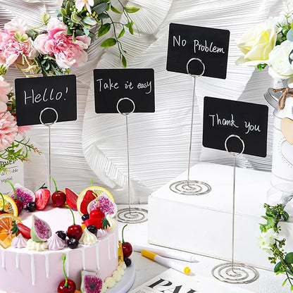 TecUnite 12 Pcs Mini Chalkboard Signs, 4"x3" Small Chalkboard Label with Metal Stand 2 Water Based Chalk for Food Buffet Tabletop Blackboard Sign for Party Bakery(Silver,8.7 x 2.8 in)