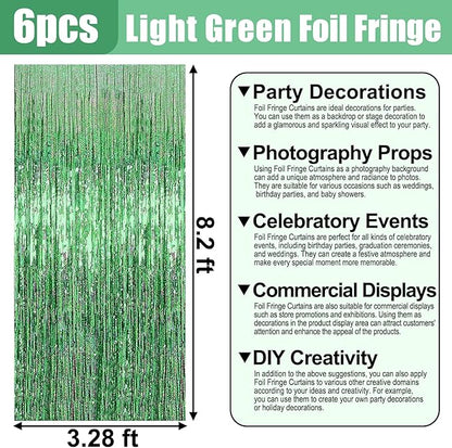 6 Pack Light Green Foil Fringe Curtain Backdrop, 3.28Ft x 8.2Ft Metallic Tinsel Foil Fringe Streamer Curtains for Photo Booth, Valentine's Day, Christmas Day, New Year, Wedding Party Decorations
