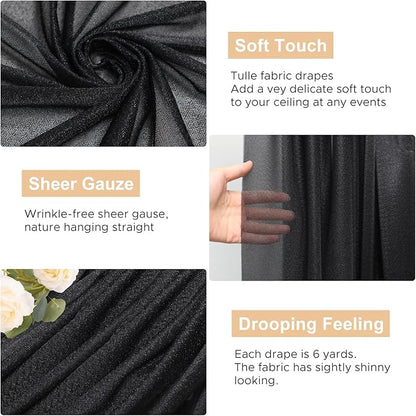 Wokceer Wedding Arch Draping Fabric - 6 Panels, 28.7" x 20FT Black Sheer Drapes for Wedding Ceremony, Birthday Party, Bridal Shower Decoration