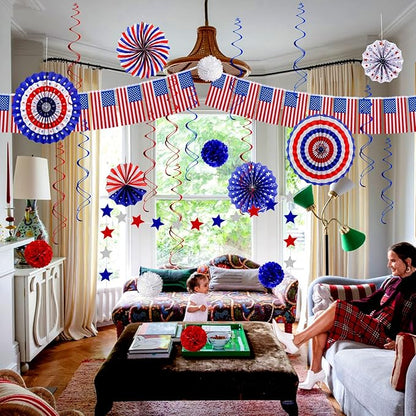 26Pcs 4th of July Decorations Patriotic Decor USA Flag String Red White Blue Paper Fans Star Streamer Pom Poms Hanging Swirls for Memorial Day,Fourth of July,Armed Forces Day,Flag Day