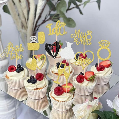 30 PCS Bride to Be Cupcake Toppers Glitter Wedding Cupcake Toppers I Do Love Heart Ring Miss to Mrs Cupcake Picks for Bridal Shower Wedding Engagement Party Cake Decorations Supplies Gold