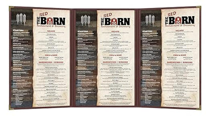 Goodsmart Pajco Style Restaurant Menu Covers – Pack of 10, Side-Load Fold-Out Menu Holders, Single Stitched Edge Clear Vinyl Menu Sleeves, Leatherette Trim Gold Corners, Burgundy, 3 View (8.5" x 14")