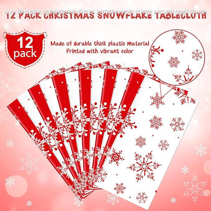 Jectivs 12 Pieces Christmas Snowflake Plastic Party Tablecloth Decorations,84 inch Disposable White Red Round Snowflake Xmas Table Cover Backdrop for Winter Christmas Holiday New Year Party Supplies