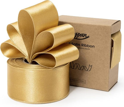 Gold Satin Ribbon Double-Faced Wired Ribbons for Gift Wrapping Flower Bouquet Bows Wedding Invitation Christmas Decor Crafts 1-1/2 Inch 10 Yards