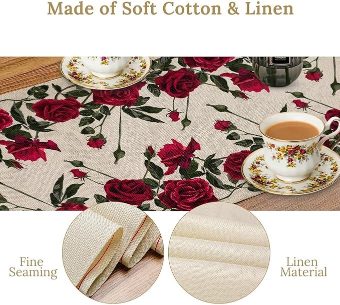 Rose Table Runner, Retro Red Rose Flowers Green Leaves Valentine's Day Kitchen Dinning Table Runner for Indoor Outdoor Home Wedding Party Holiday, 13x36 Inch