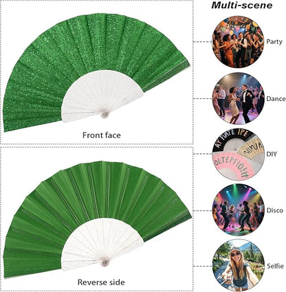 12 Pack Handheld Fan,Folding Hand Glitter fan with Shining Transparent Fan Rib – Ideal for Wedding, Church, Festival, Dance, Tea Party, Club, and EDM Accessories, Light green