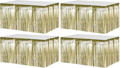 4 Pack 29x108 Inch Metallic Foil Fringe Tinsel Table Skirts for Rectangle Tables Streamer Backdrop for Wedding, Birthday, Parade Floats, Christmas, Halloween Party Decoration(Light Gold)