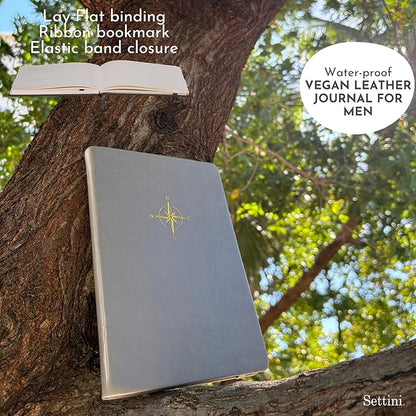 SETTINI Lined Journal, Ideal for Journaling - A5 Vegan Leather Notebook, 192 Archival-Quality Pages, QuillEase Bleed-Free Paper, Inner Pocket & Bookmark - Travel Journal for Men & Women, Grey Compass