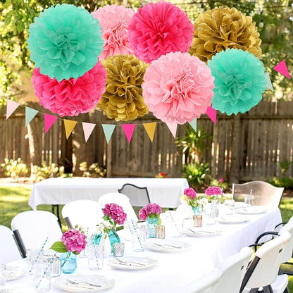 Mint Blush Hot-Pink Gold Party-Decorations - 30pcs Tissue Pom Poms Streamers, Girls Birthday Tassel Garland Banner,Wedding Engagement Baby Bridal Shower Bachelorette Brunch Decor Ouruola