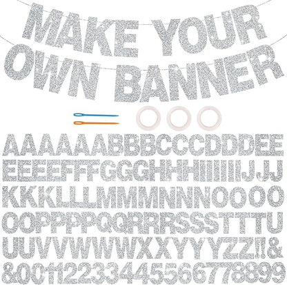 BEISHIDA 116 PCS A-Z Glitter Silver DIY Letter Banner Kit Make Your Own Banner，Including 111 Letters and Numbers 3 Rope and 2 Threading Device,Customized for Birthday Graduation Wedding Party Decor